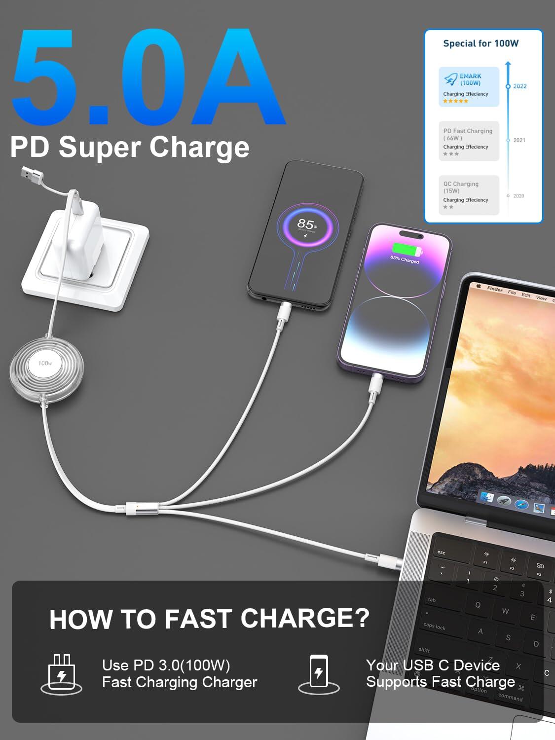 Cable de Carga 3 en 1 Retráctil — 100W Carga Rápida USB-C